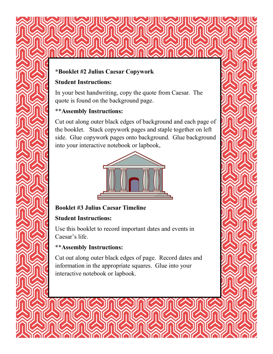 Booklets 2 and 3 instructions: students copy a Caesar quote in best handwriting and record key dates on a life timeline