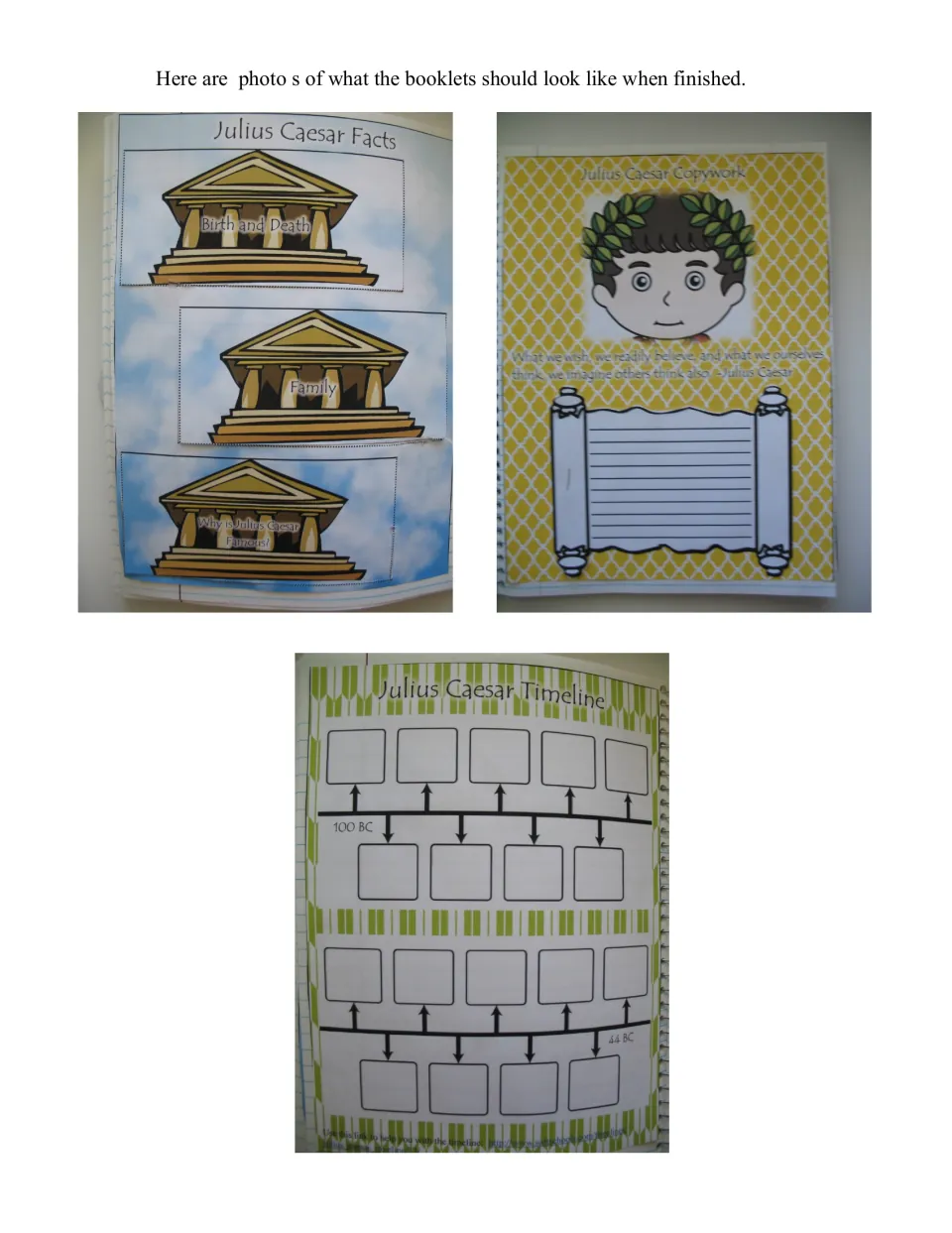 Finished examples: photos of the facts flapbook, quote copywork booklet and timeline glued into a spiral notebook