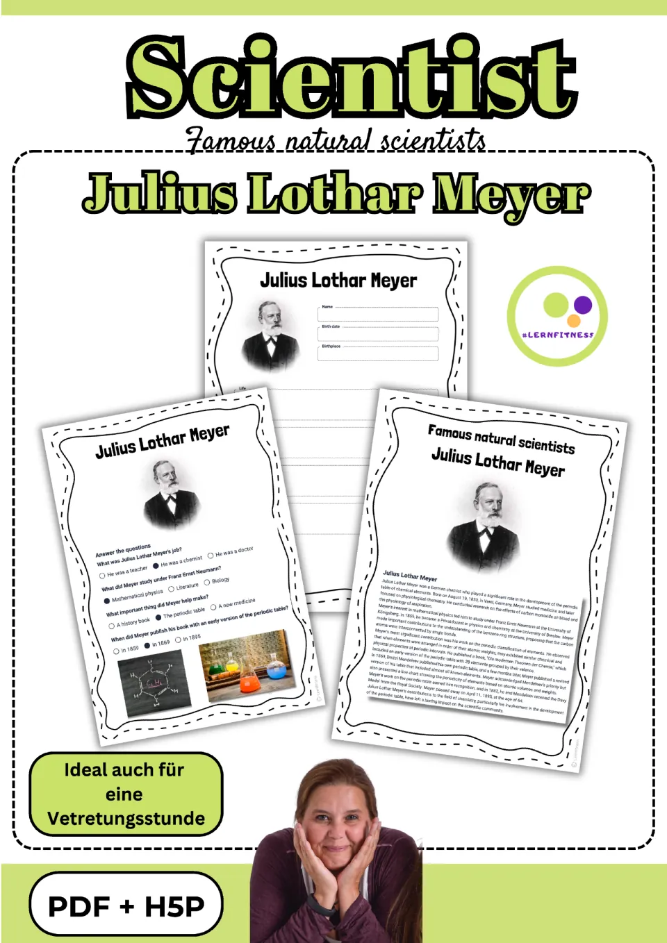 Cover of the Julius Lothar Meyer science packet, showing reading, profile, and quiz samples and PDF + H5P