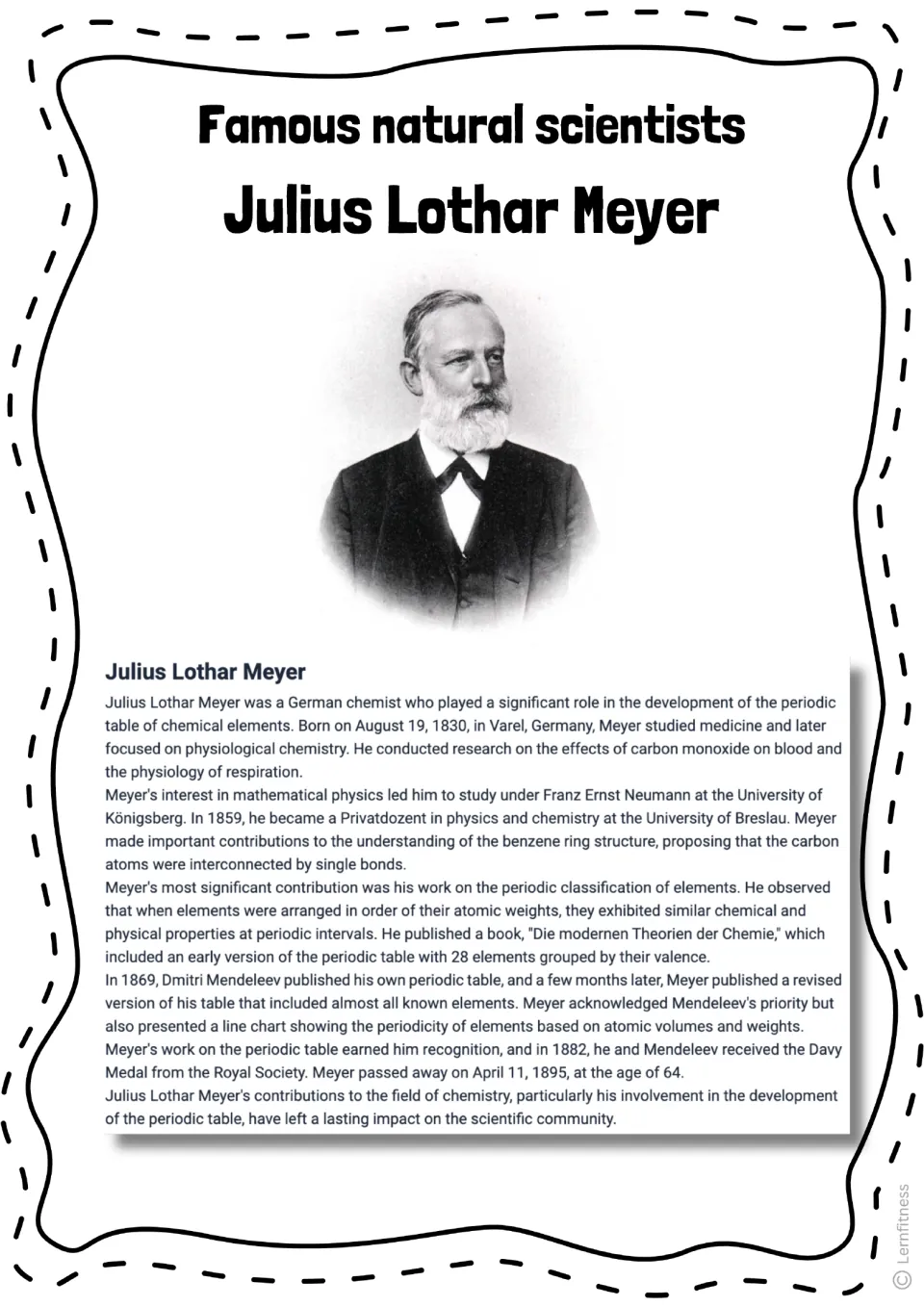 Reading passage about Meyer's life, chemistry research, and periodic table contributions, with his portrait