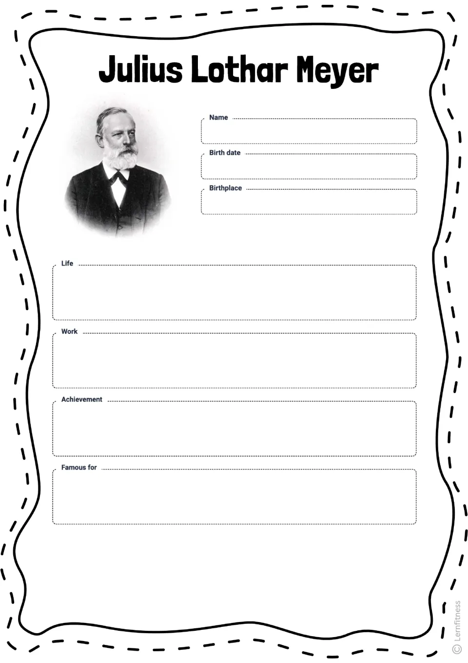 Meyer profile worksheet asks for his name, birth date, birthplace, life, work, achievement, and claim to fame