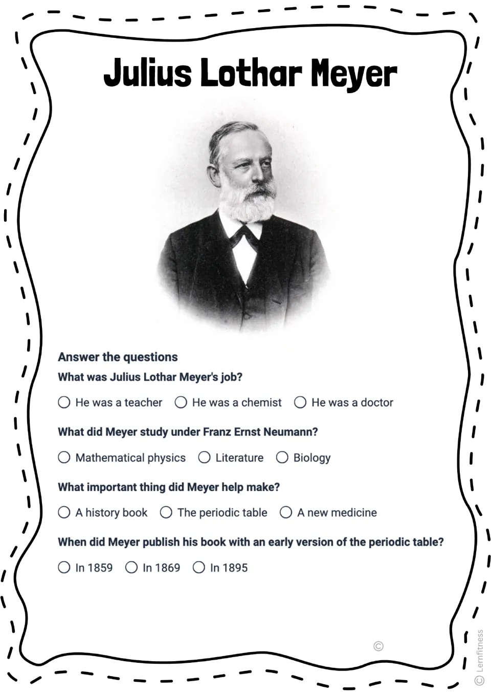 Four-question Meyer quiz asks about his job, studies under Neumann, periodic table work, and book publication
