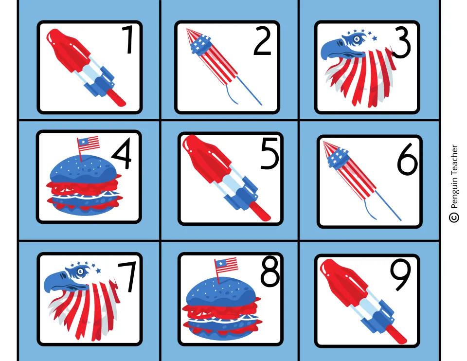 July calendar date cards 1–9 repeat popsicle, firework, eagle and hamburger pictures in an ABCD pattern.
