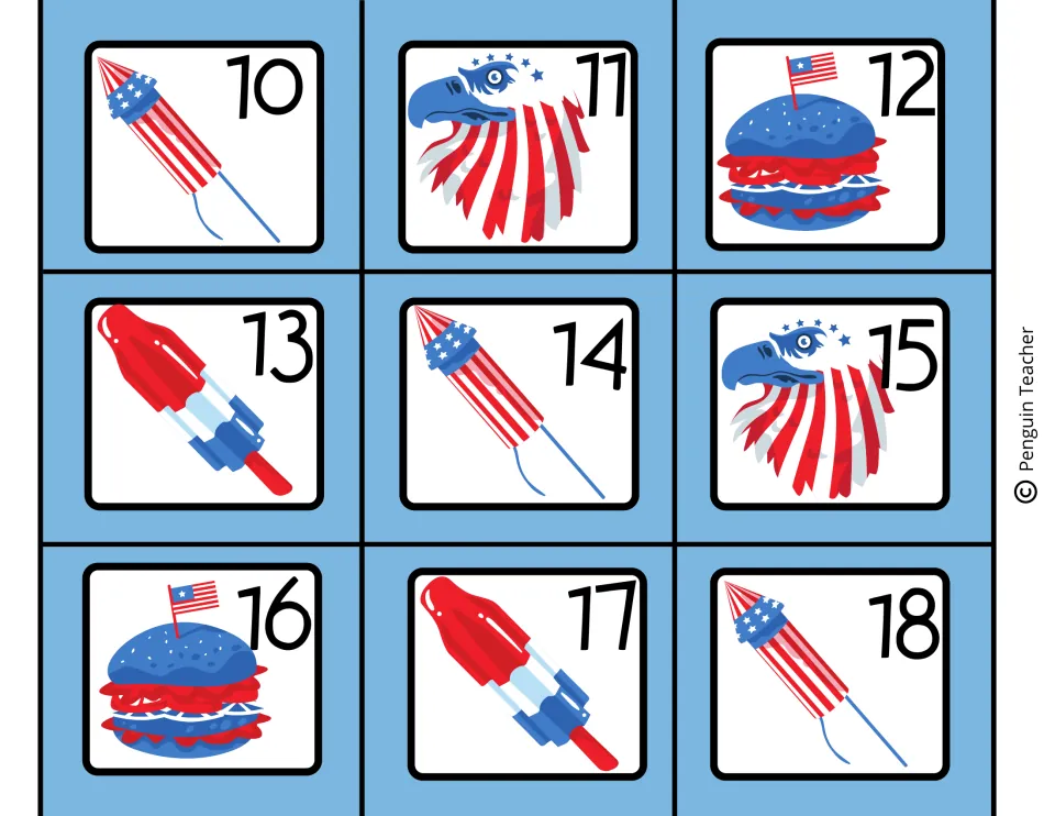 July calendar date cards 10–18 continue the firework, eagle, hamburger and popsicle picture sequence.
