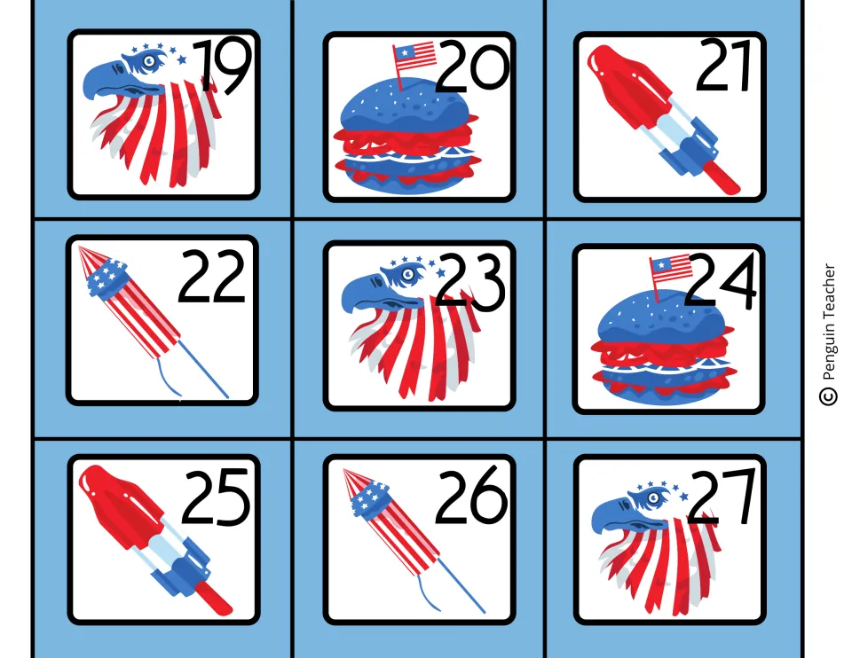 July calendar date cards 19–27 continue the eagle, hamburger, popsicle and firework picture sequence.