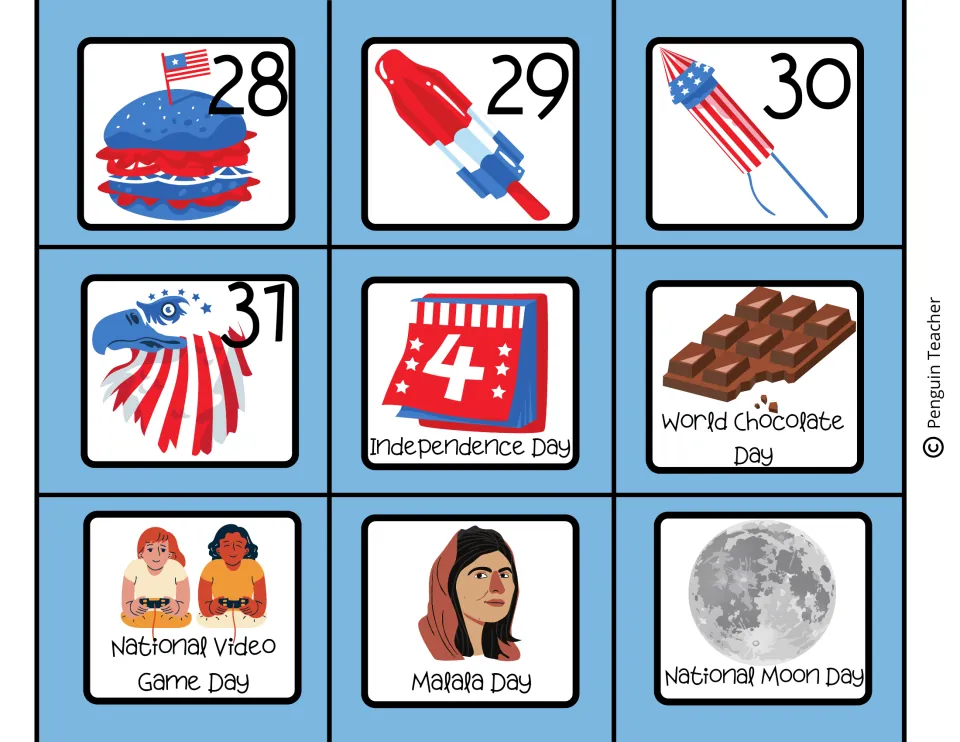 July calendar cards 28–31 plus Independence Day, World Chocolate Day, Malala Day and two more holiday cards.