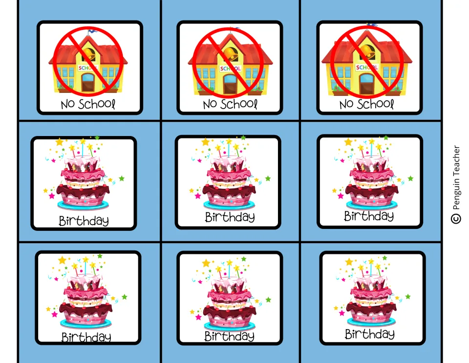 July calendar event cards include three labeled No School with school pictures and six Birthday cards with cakes.