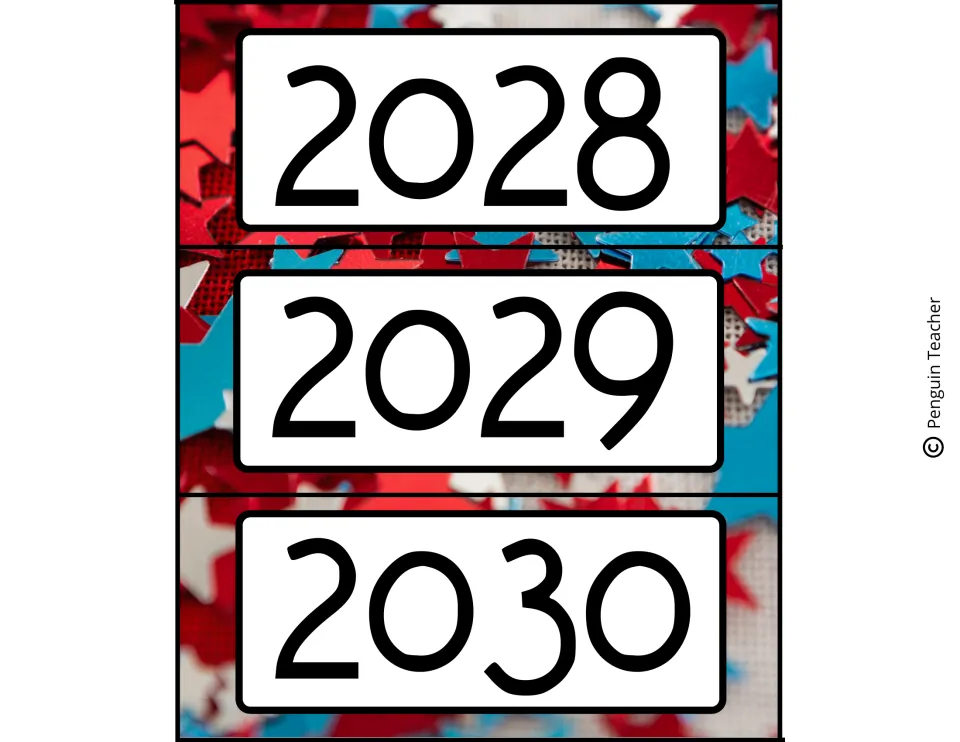 July calendar year labels for 2028, 2029 and 2030, the final three labels in the set spanning 2022–2030.
