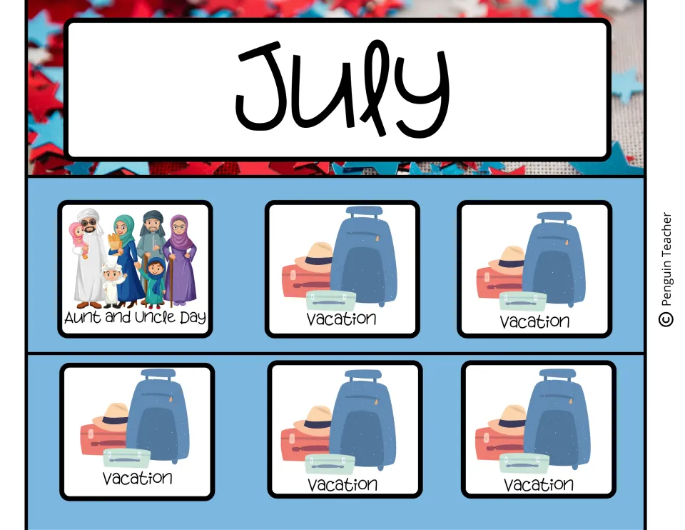 July calendar month header, one Aunt and Uncle Day card with a family picture, and five Vacation cards with luggage.