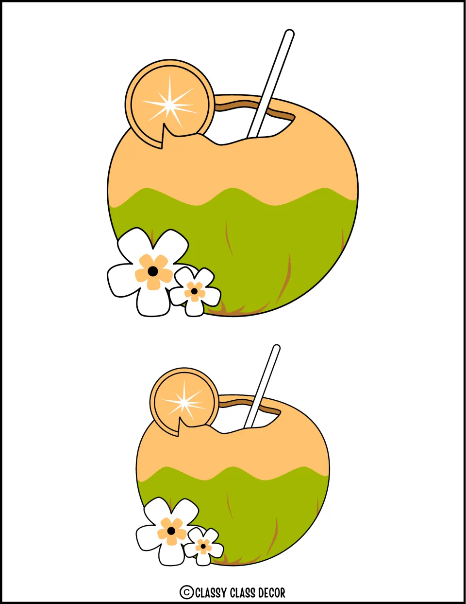 Two coconut drink cutouts in different sizes for the Hawaiian summer display, both with flowers on the left