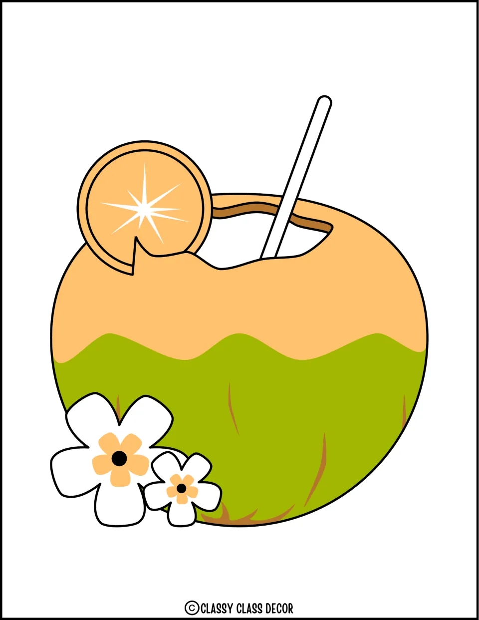 Large coconut drink cutout for the summer display, with a straw, citrus slice and flowers on the left