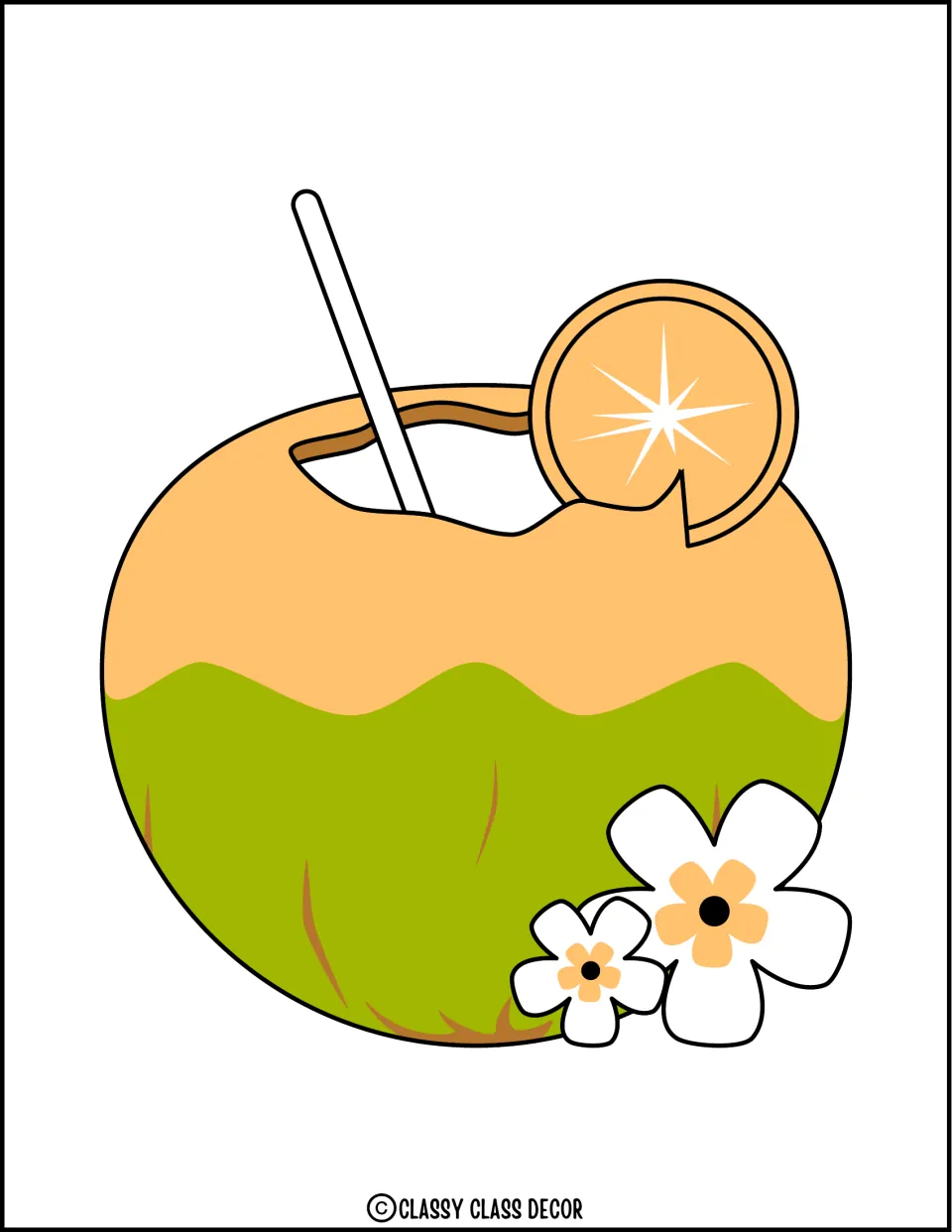 Large coconut drink cutout for the summer display, with a straw, citrus slice and flowers on the right