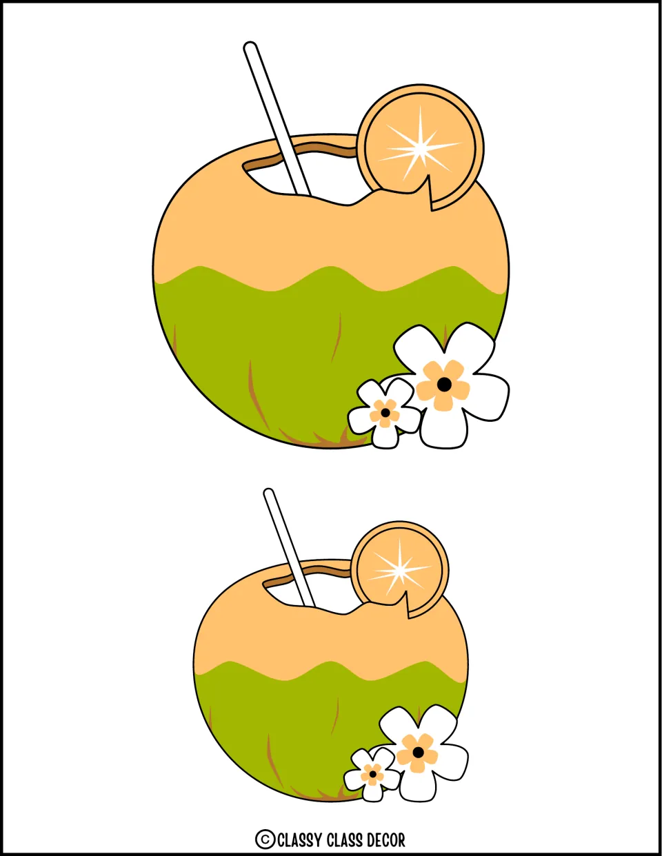 Two coconut drink cutouts in different sizes for the summer decor kit, both with flowers on the right