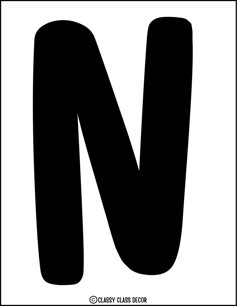 Letter N cutout: a full-page bold black capital N to trim and pin up as the second letter of the headline