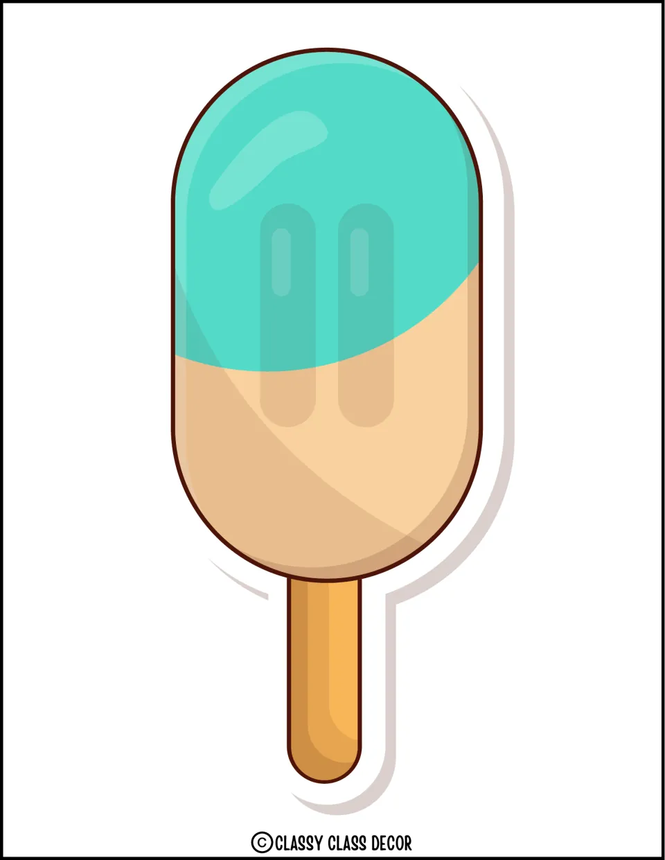 Teal and tan popsicle: a large two-tone ice pop on a wooden stick, a full-page piece to cut out for a July board