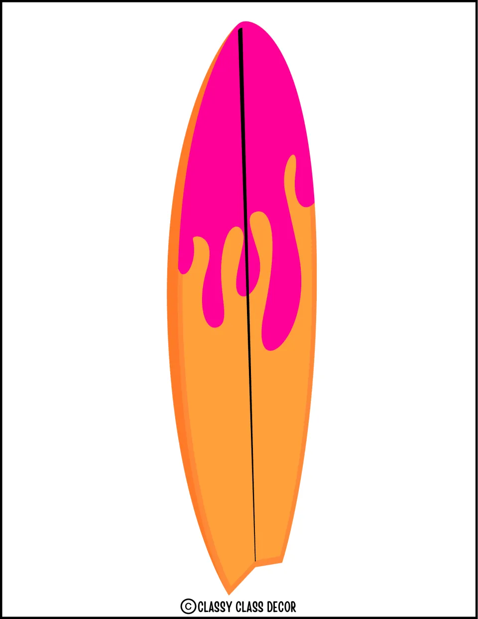Summer decor cut-out: an orange surfboard with a hot pink dripping top design and a black center stringer line