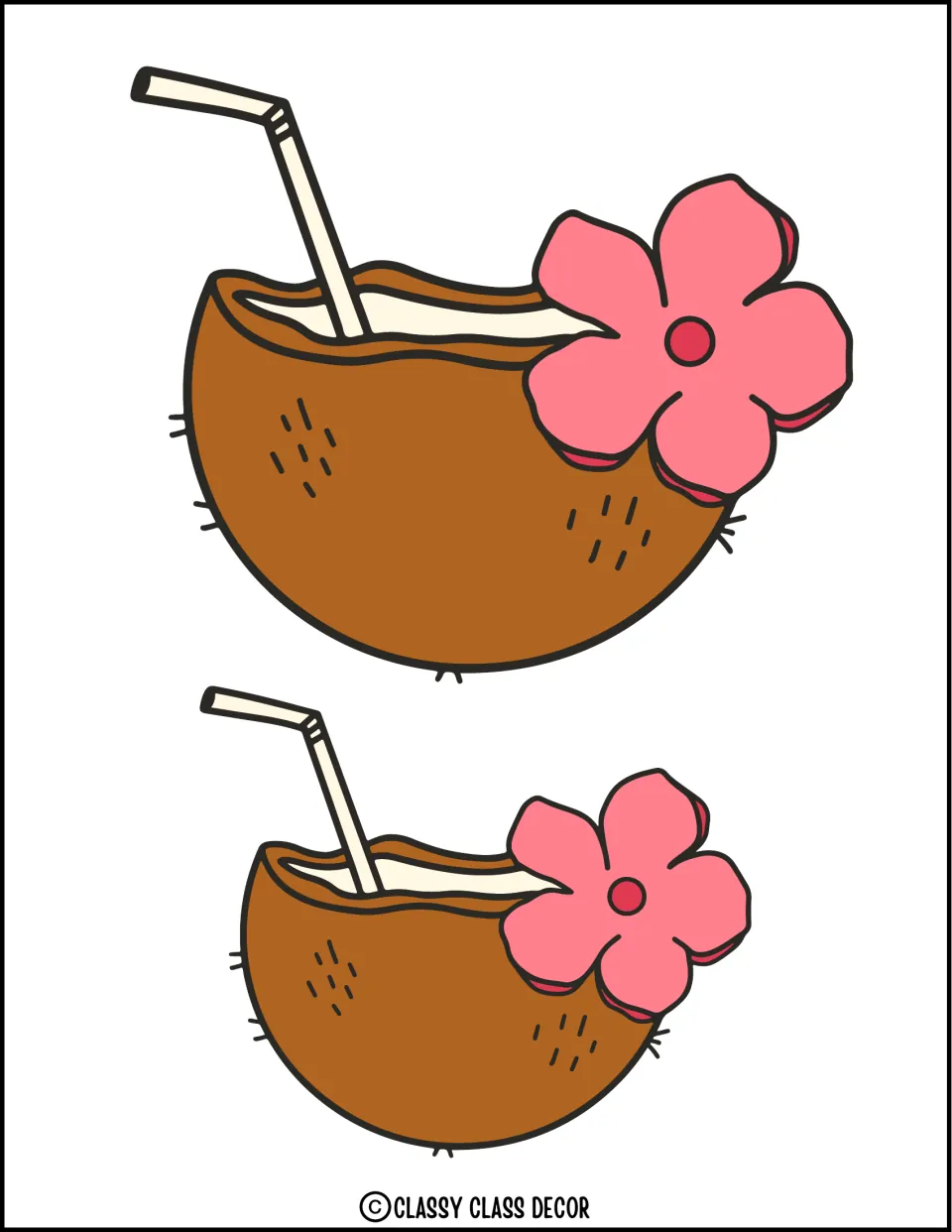 Summer decor cut-outs: two coconut drinks with straws and pink hibiscus flowers on the right, in large and small sizes