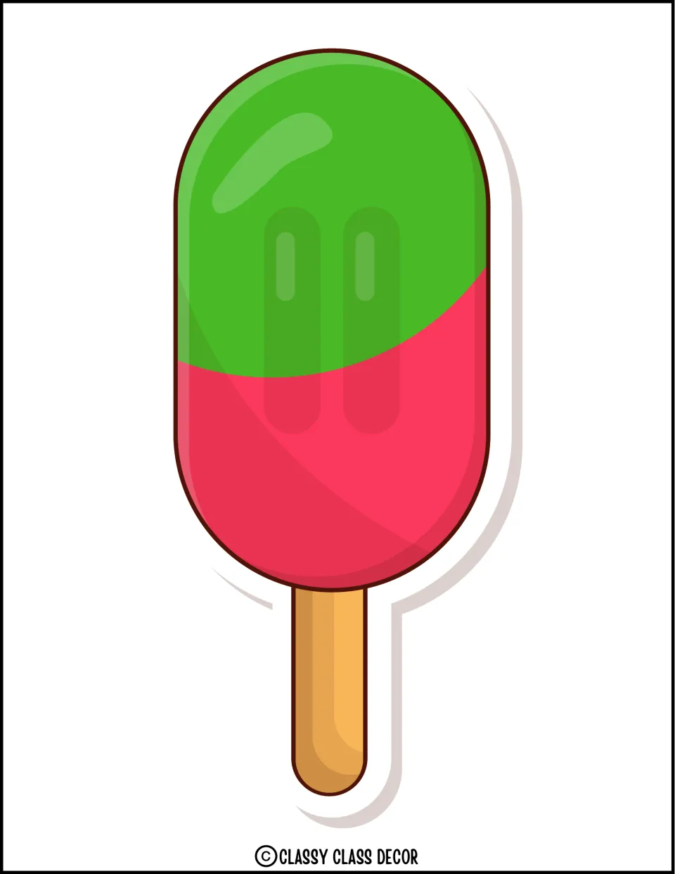 Frozen treat decoration: a full-page cartoon popsicle, green on top and red-pink below, on a tan wooden stick