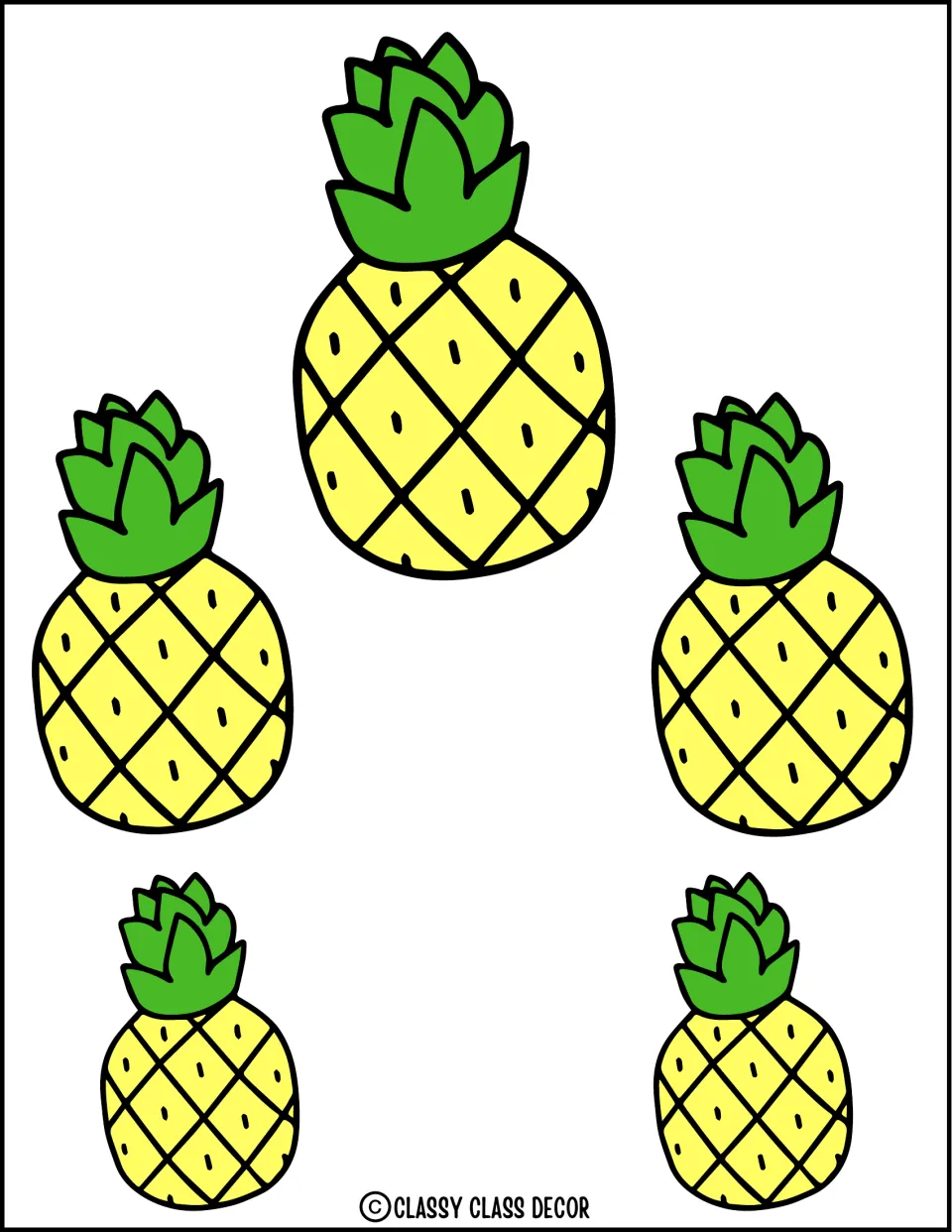 Pineapple accents: five cartoon fruits with green leafy crowns in three sizes, one large above four smaller