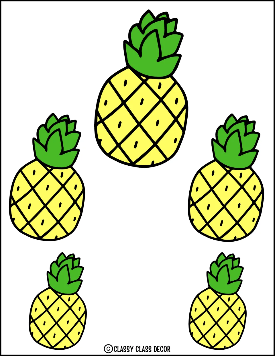 Five mirrored pineapple cutouts in three sizes, with yellow fruit and green tops, for the summer decor kit