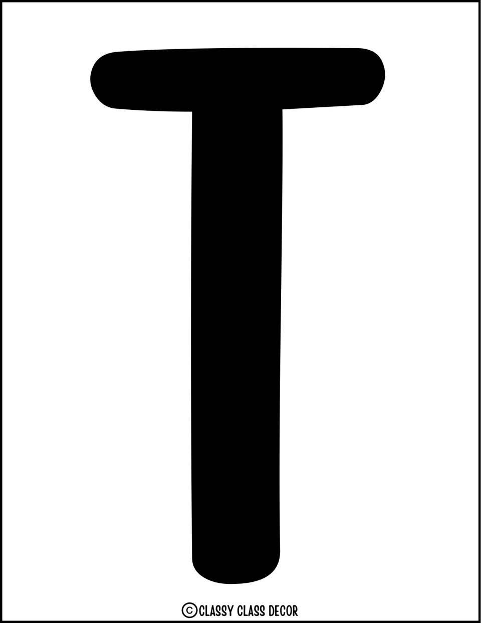 Bulletin board letter T: a black capital T with a wide rounded crossbar, enlarged to full size for display lettering