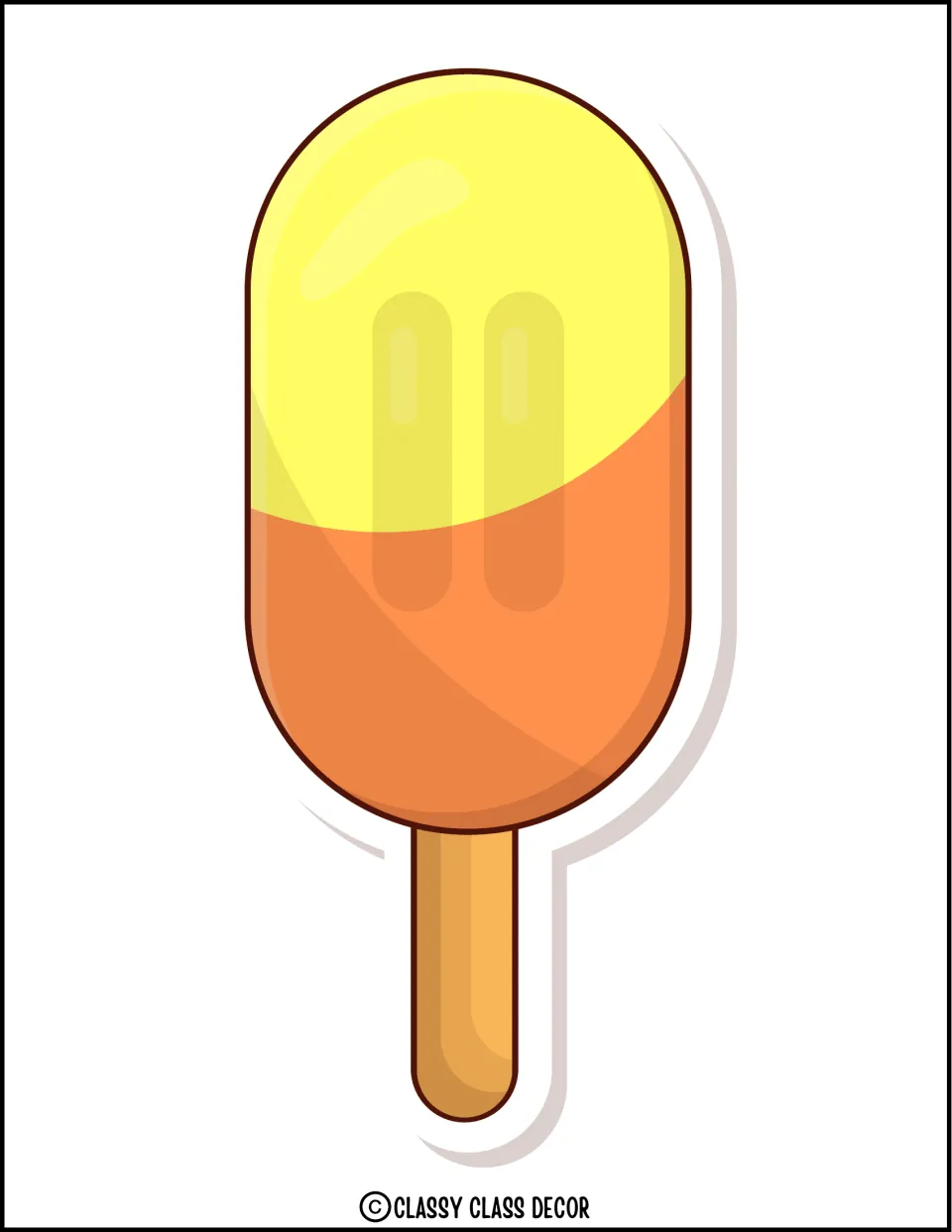 Summer popsicle cut-out: a yellow and orange ice pop on a wooden stick, outlined in white to trim around