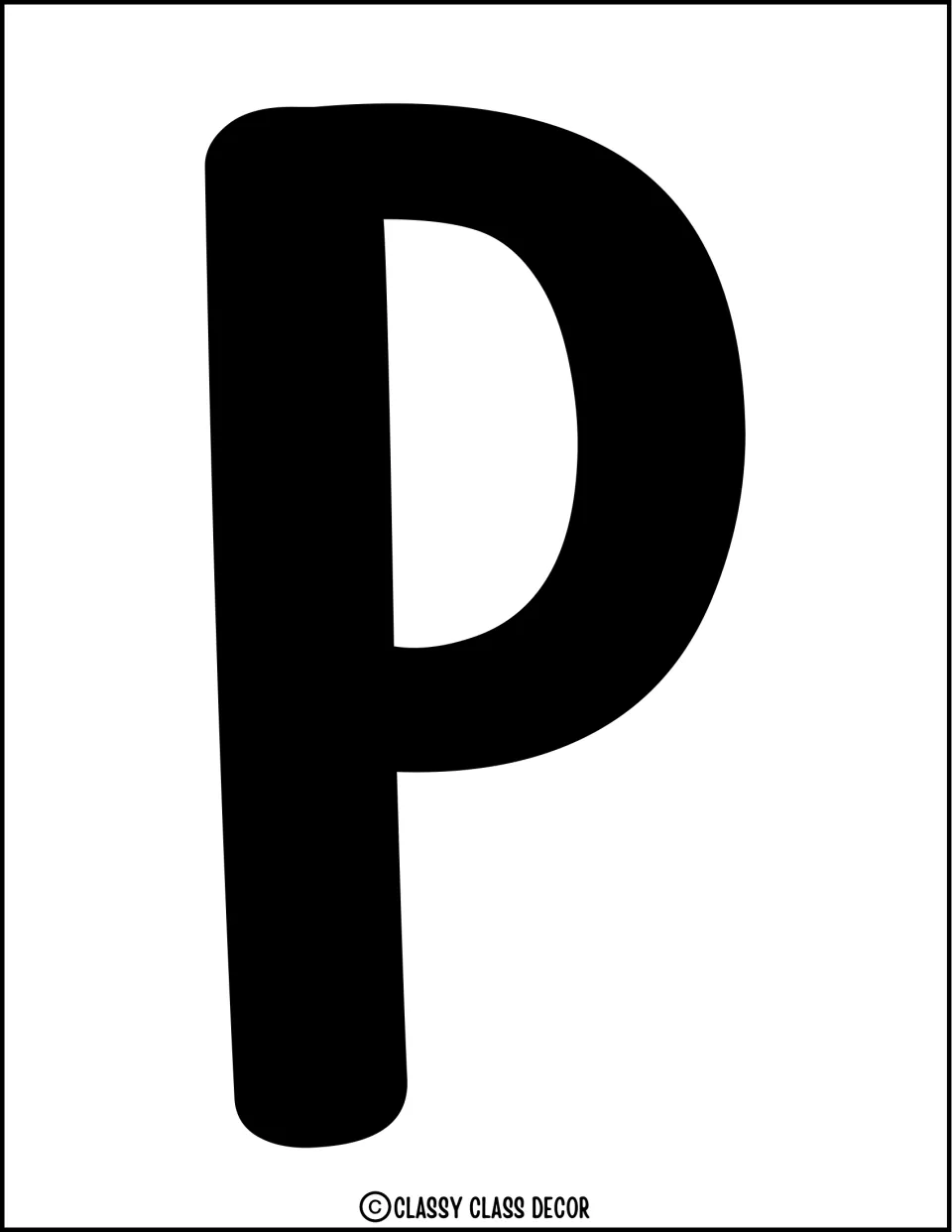 Bulletin board letter P: a full-page solid black P to cut out or trace as the opening letter of the Pop-Pin banner