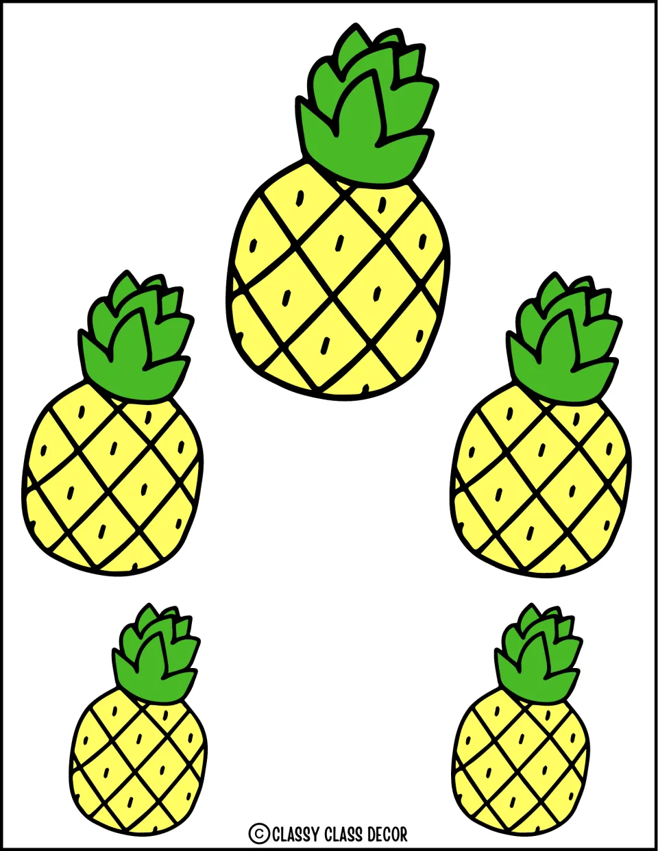 Pineapple accent sheet: five more yellow pineapples in three sizes to cut out and scatter across a summer door or board