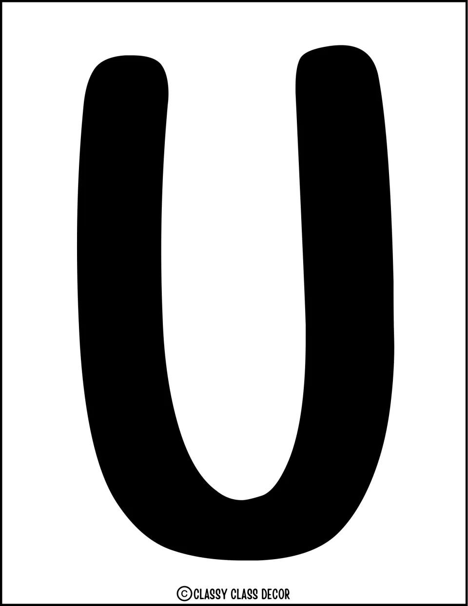 Bulletin board letter U: a full-page solid black capital U in a rounded font, ready to cut out for the summer heading