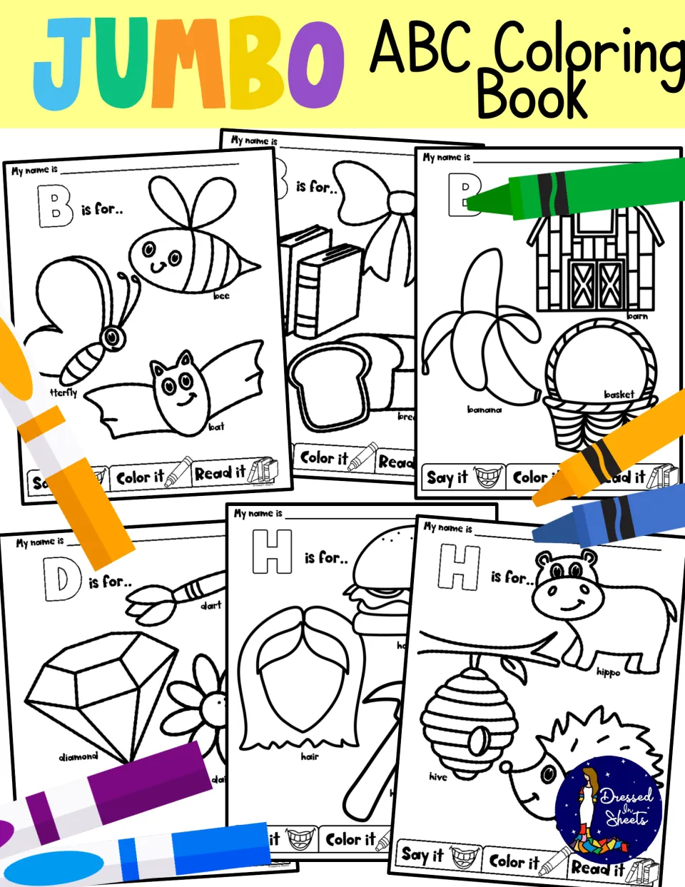 Jumbo ABC Coloring Book cover showing letter pages for B, D and H, each with labeled pictures to say, color and read