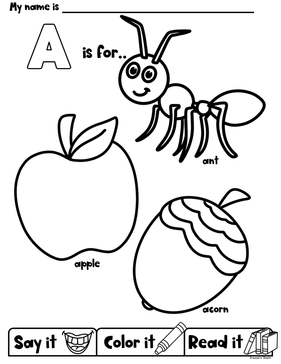 Letter A beginning sounds: students say, color and read the labeled pictures of an ant, an apple and an acorn