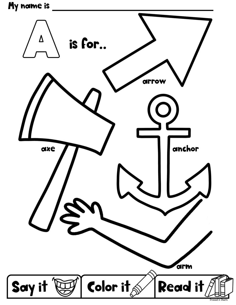 Letter A initial sound page: students color an arrow, axe, anchor and arm, then say and read each word