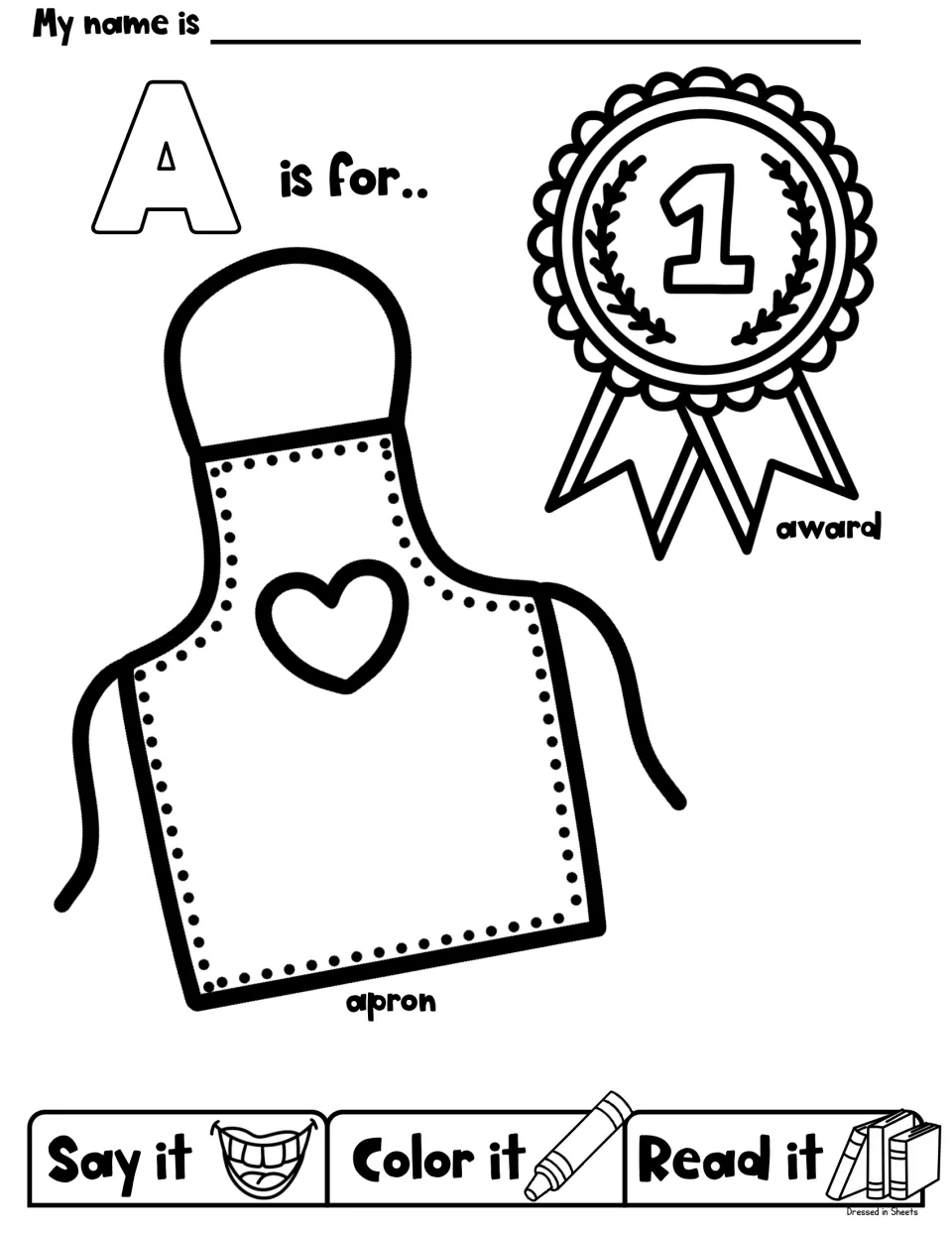 Letter A words: students say, color and read an award ribbon with a number 1 and an apron with a heart