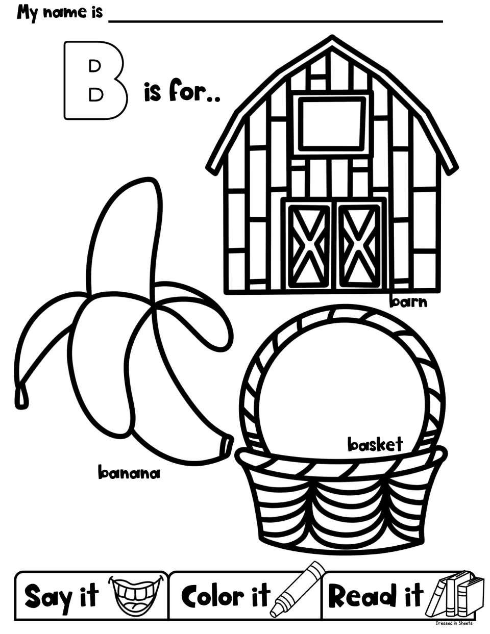 Letter B beginning sounds: students say, color and read the labeled pictures of a barn, a peeled banana and a basket