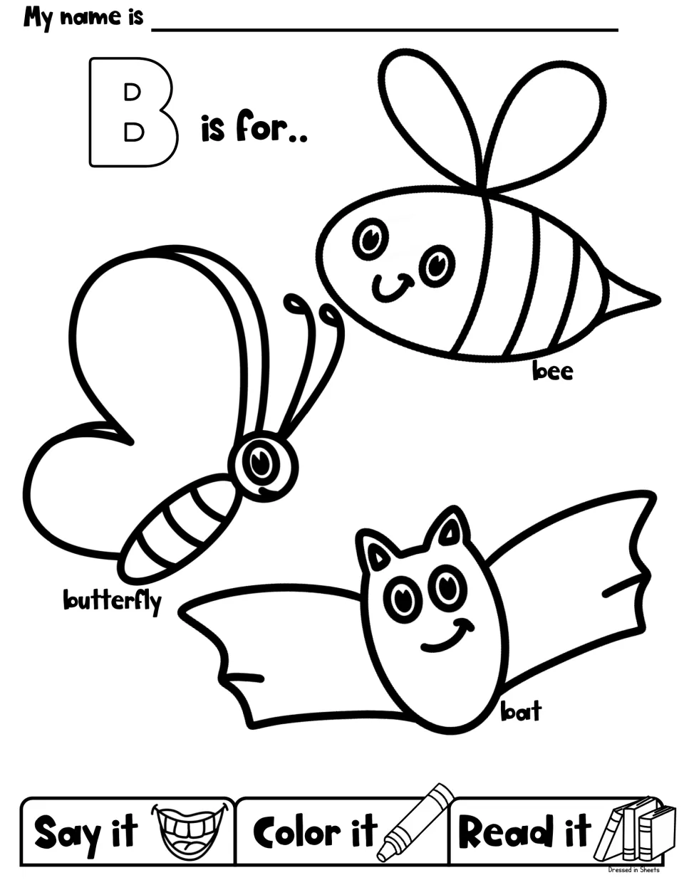 Letter B animals: students color a smiling bee, butterfly and bat and say and read each name to hear the initial b sound