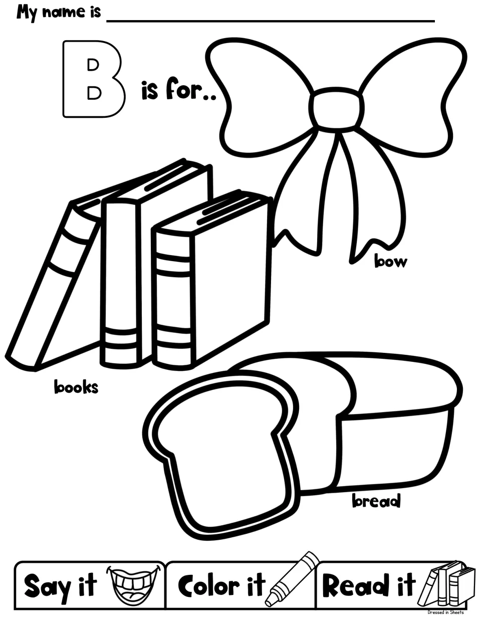 Letter B objects: students say, color and read a bow, a stack of books and a loaf of bread with a sliced piece