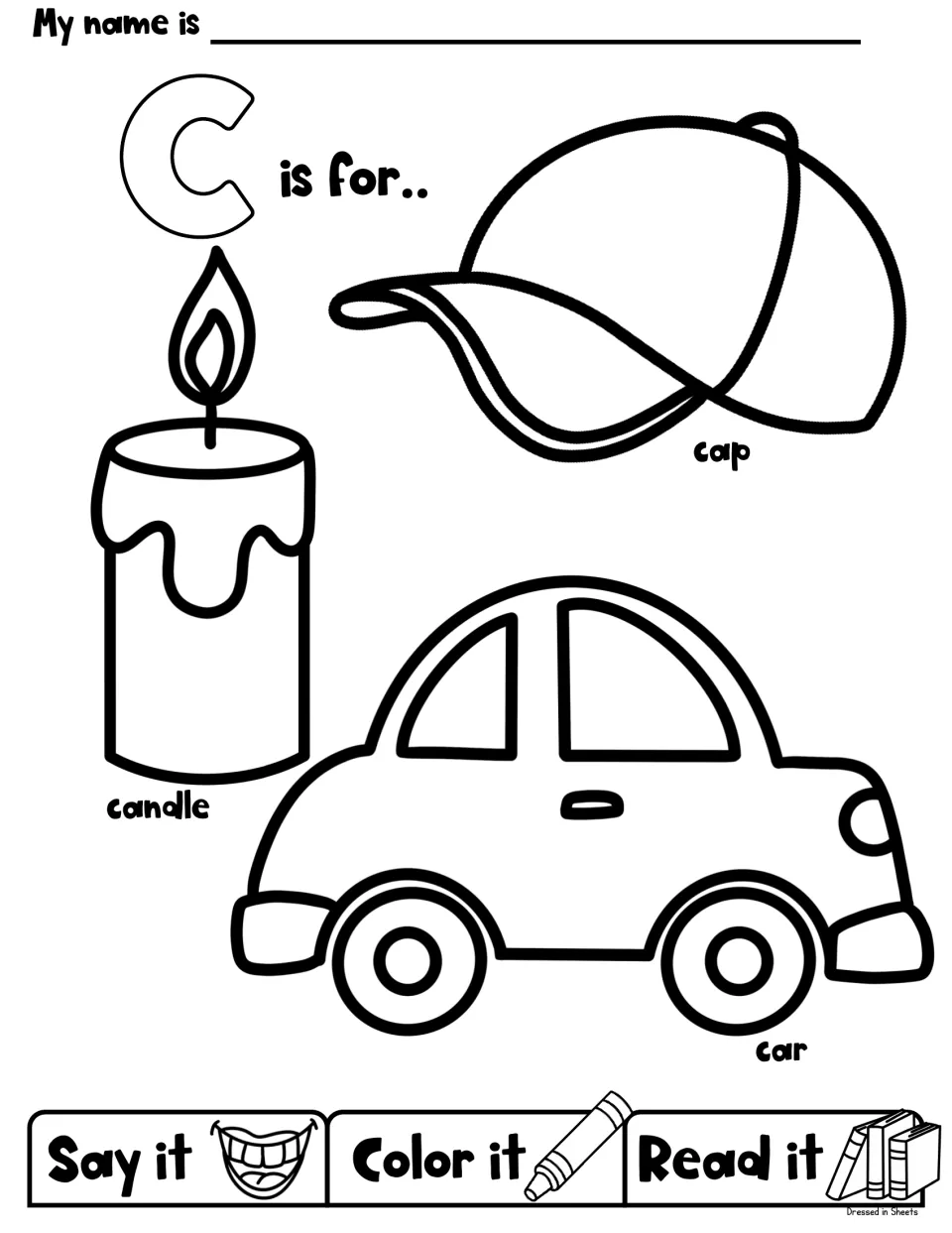 Letter C beginning sounds: students say, color and read the labeled pictures of a baseball cap, a lit candle and a car