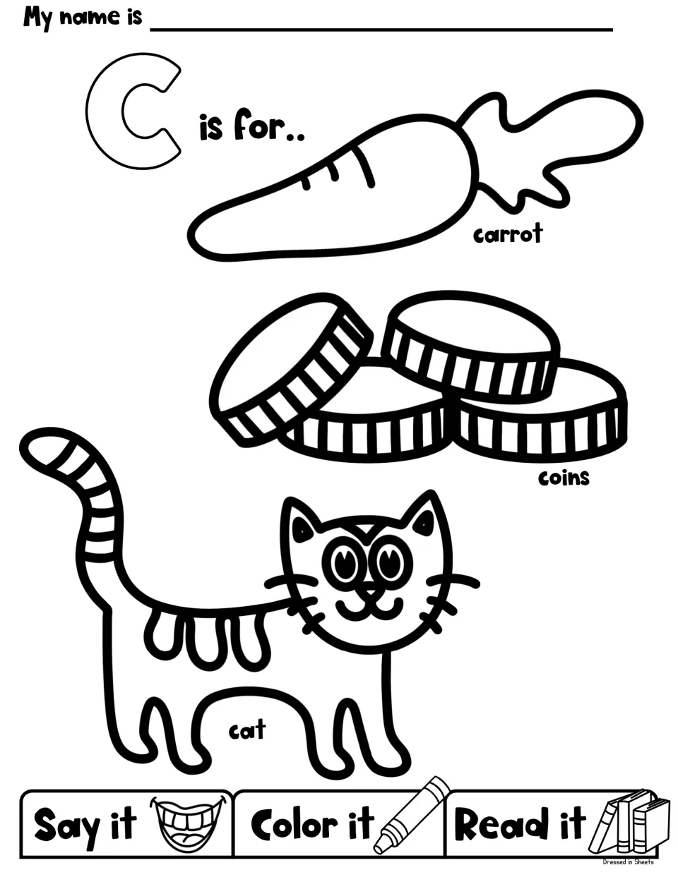 Letter C words: students color a carrot, a stack of coins and a striped cat, saying and reading each label aloud
