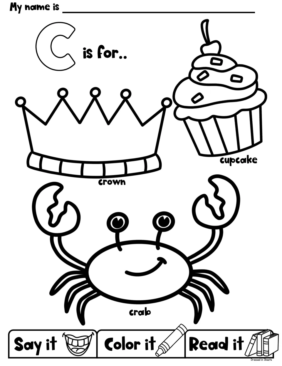 Letter C pictures: students say, color and read a crown, a cupcake with a cherry and a smiling crab to hear the initial c