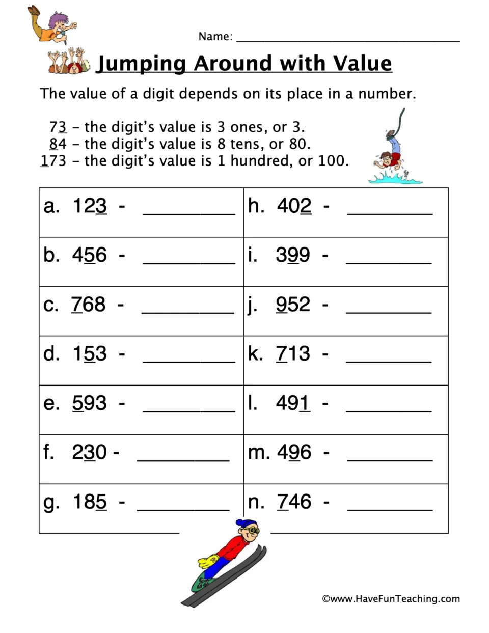 Jumping Around with Value: students write the value of the underlined digit in 14 three-digit numbers, such as 123