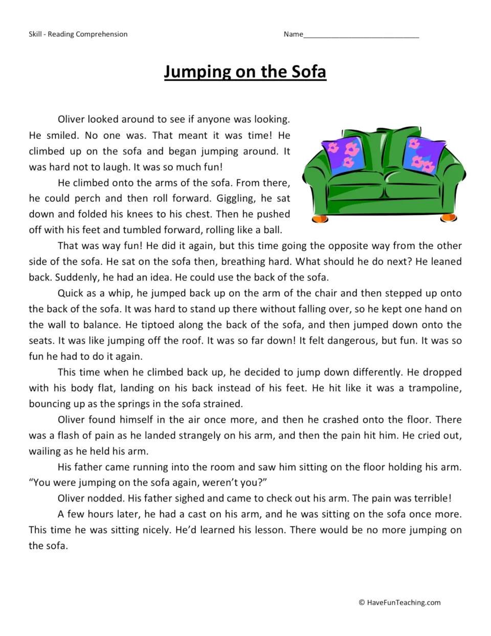 Reading passage about Oliver jumping on the sofa, falling and hurting his arm, then learning his lesson.