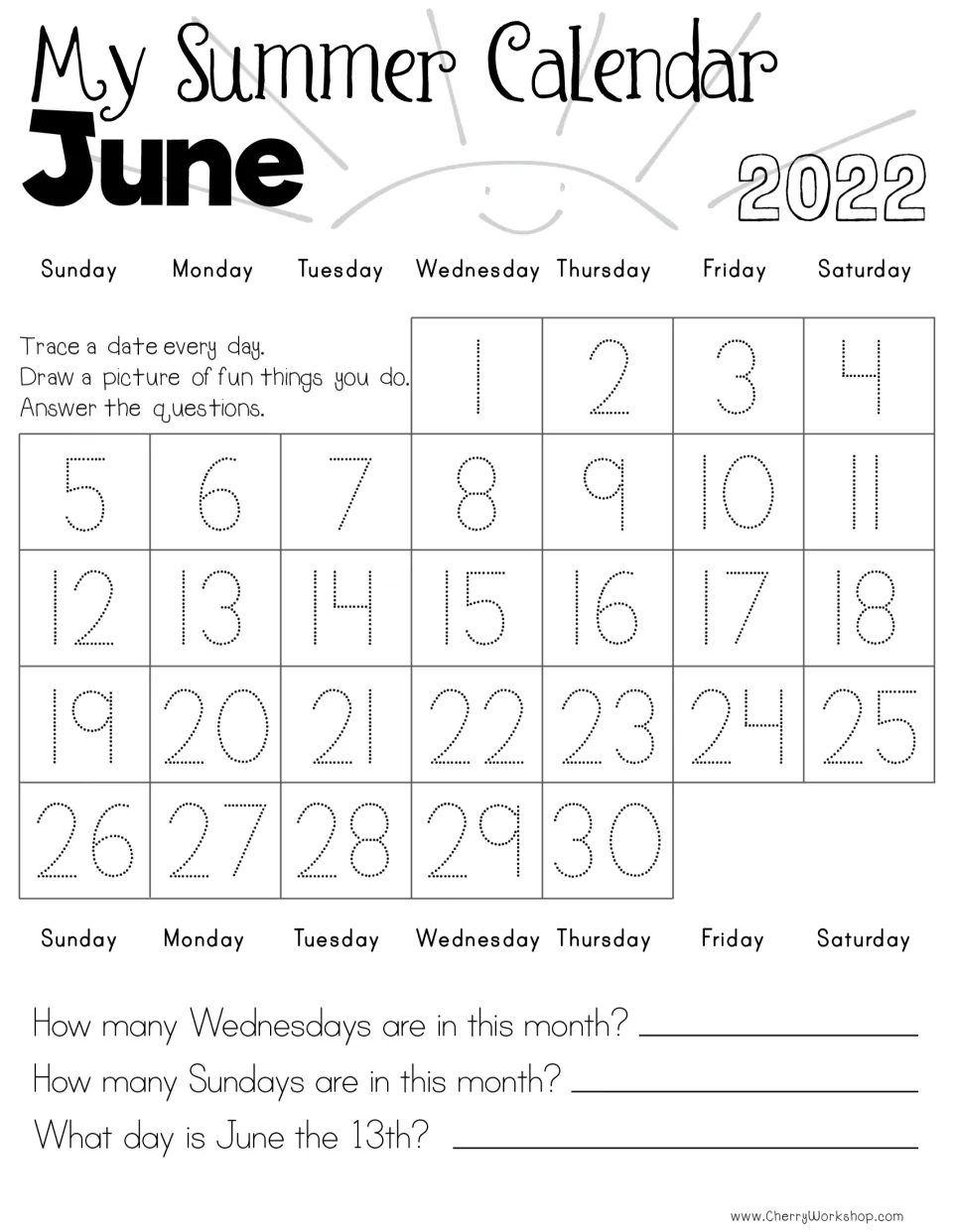 June 2022 calendar activity: trace dates 1–30, draw daily activities, and answer three calendar questions.