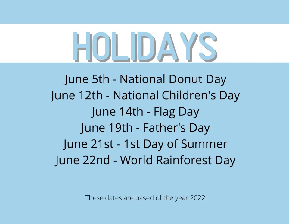 June holidays list with 2022 dates: Donut Day, Children's Day, Flag Day, Father's Day, first day of summer, Rainforest Day