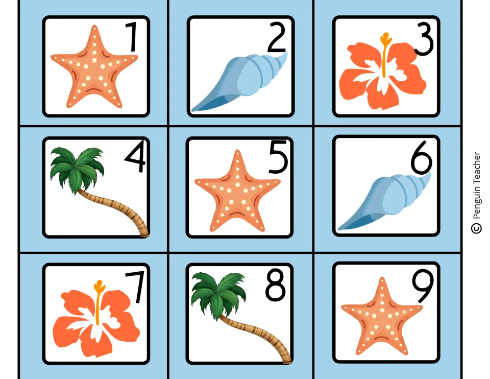 June calendar date cards 1 to 9, each with a beach picture: starfish, seashell, hibiscus flower or palm tree