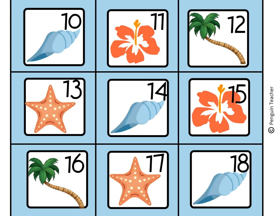 Calendar number cards 10 to 18 decorated with seashells, hibiscus flowers, palm trees and starfish for a beach theme