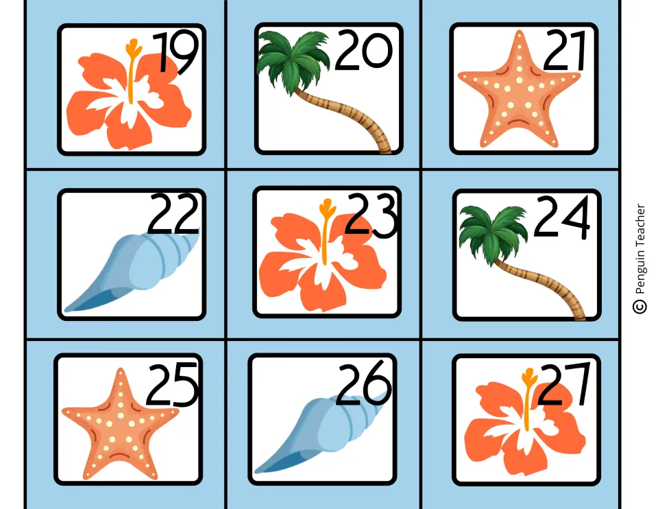 Day cards 19 to 27 for a summer calendar, alternating hibiscus, palm tree, starfish and seashell pictures