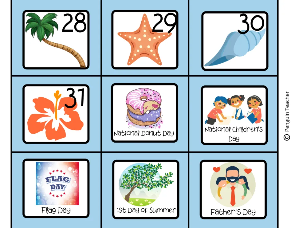 Date cards 28 to 31 plus event cards for Donut Day, Children's Day, Flag Day, first day of summer and Father's Day