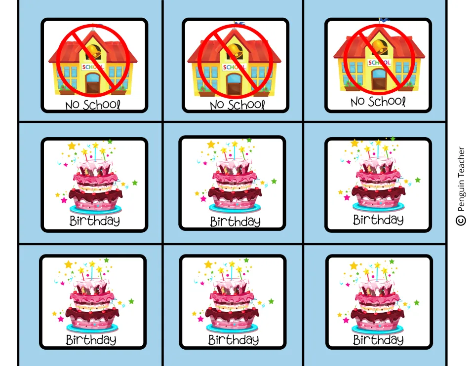 No School and Birthday calendar markers: three show a crossed-out schoolhouse, six a tiered pink cake with candles