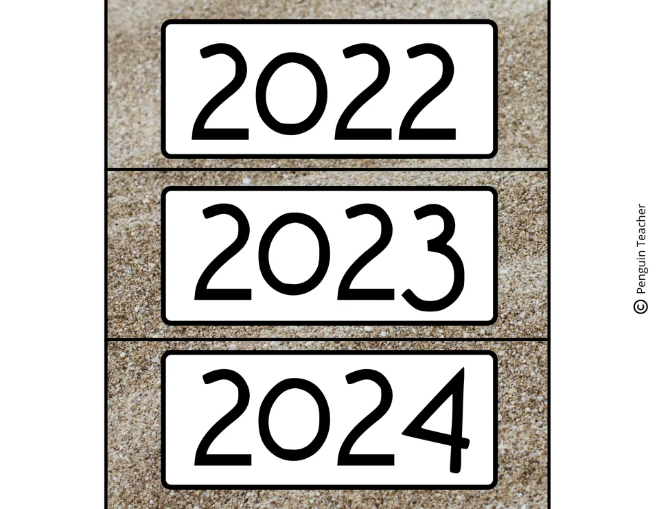 Year cards reading 2022, 2023 and 2024 in large black numbers on a sandy beach background, to cut apart