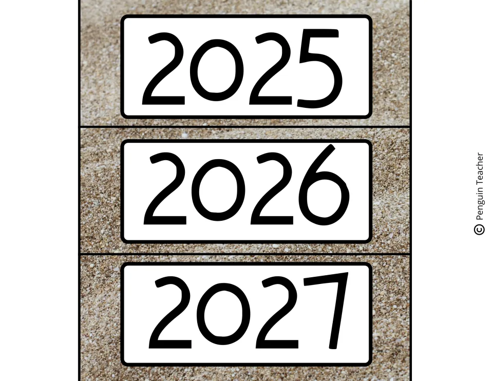 Calendar year labels for 2025, 2026 and 2027 set on a photo of beach sand, ready to cut out and display